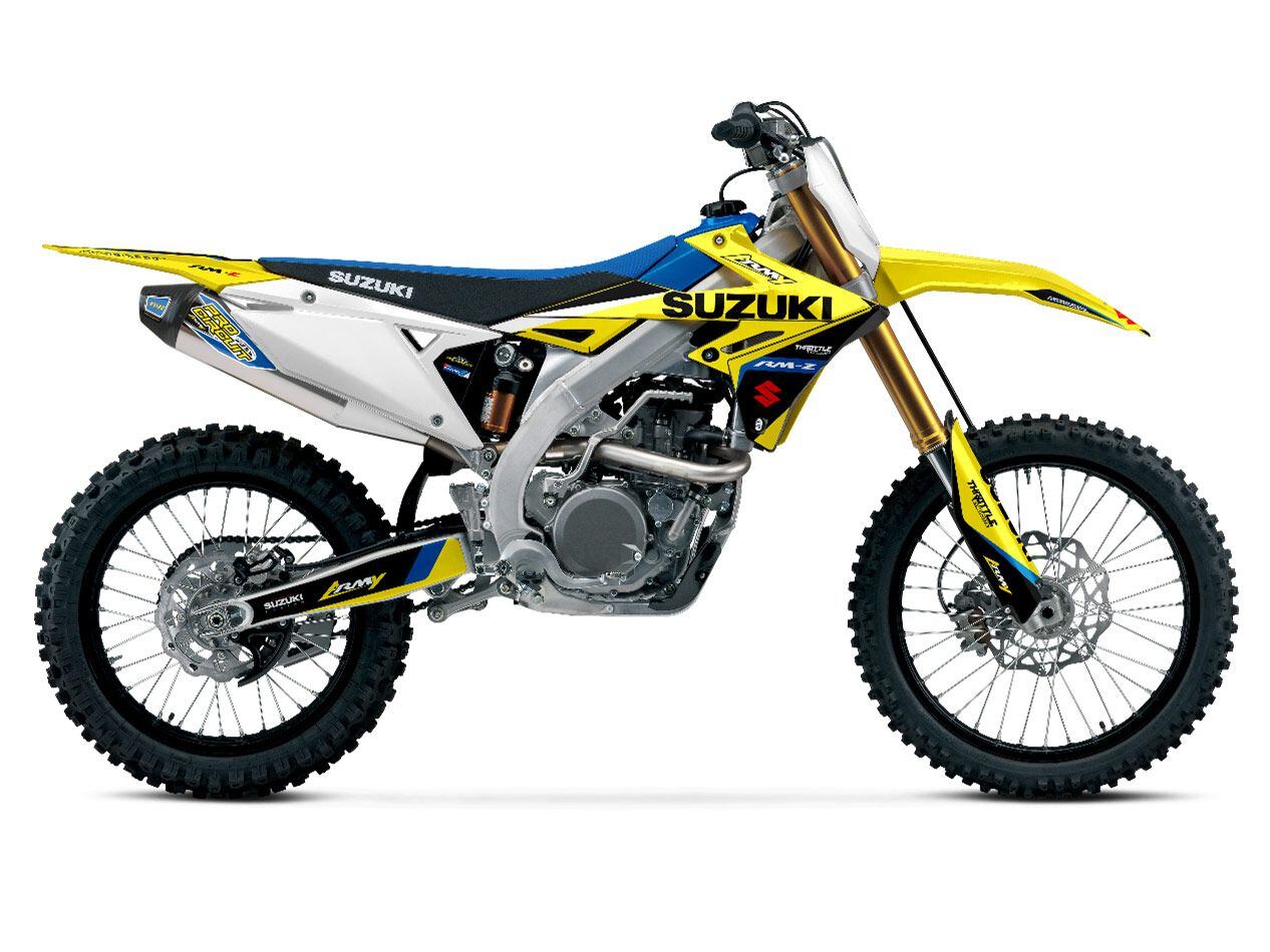 Who doesn’t like an aftermarket exhaust and graphics? Suzuki’s RM Army Edition kit gives 2024 RM-Z buyers a Pro Circuit Ti-6 full and Throttle Syndicate graphics free of charge, but only for a limited time. The offer is valid through September 30, 2023.