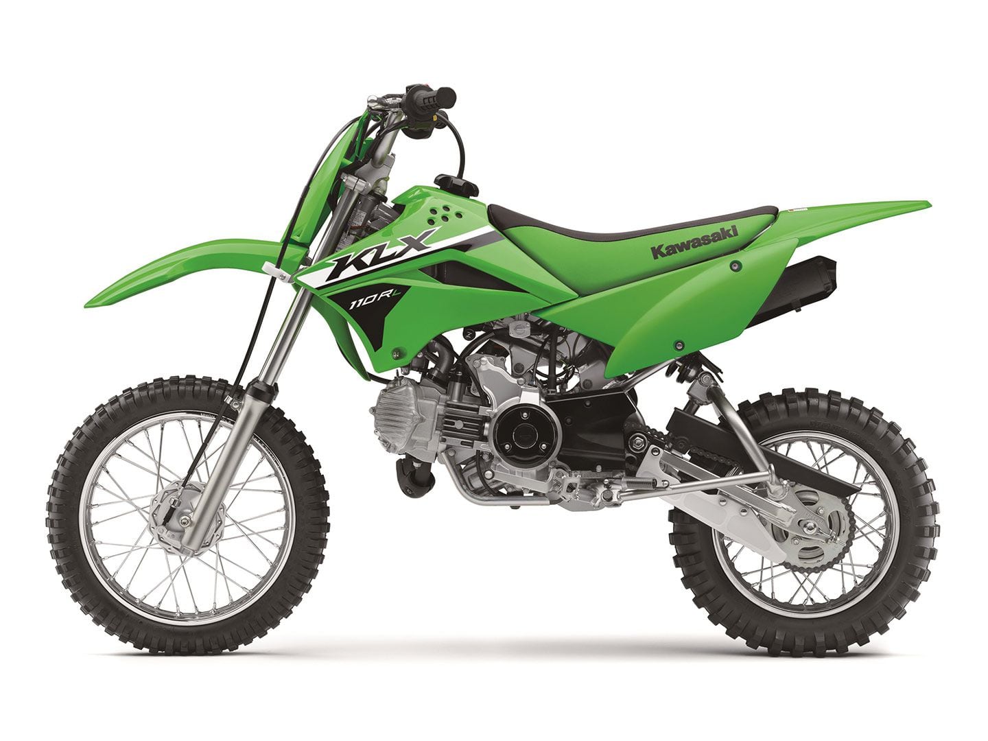 Seat height and ground clearance on the KLX110R L (shown) are about 2 inches higher than the KLX110R. This mini trail bike also has more suspension travel and a manual clutch.