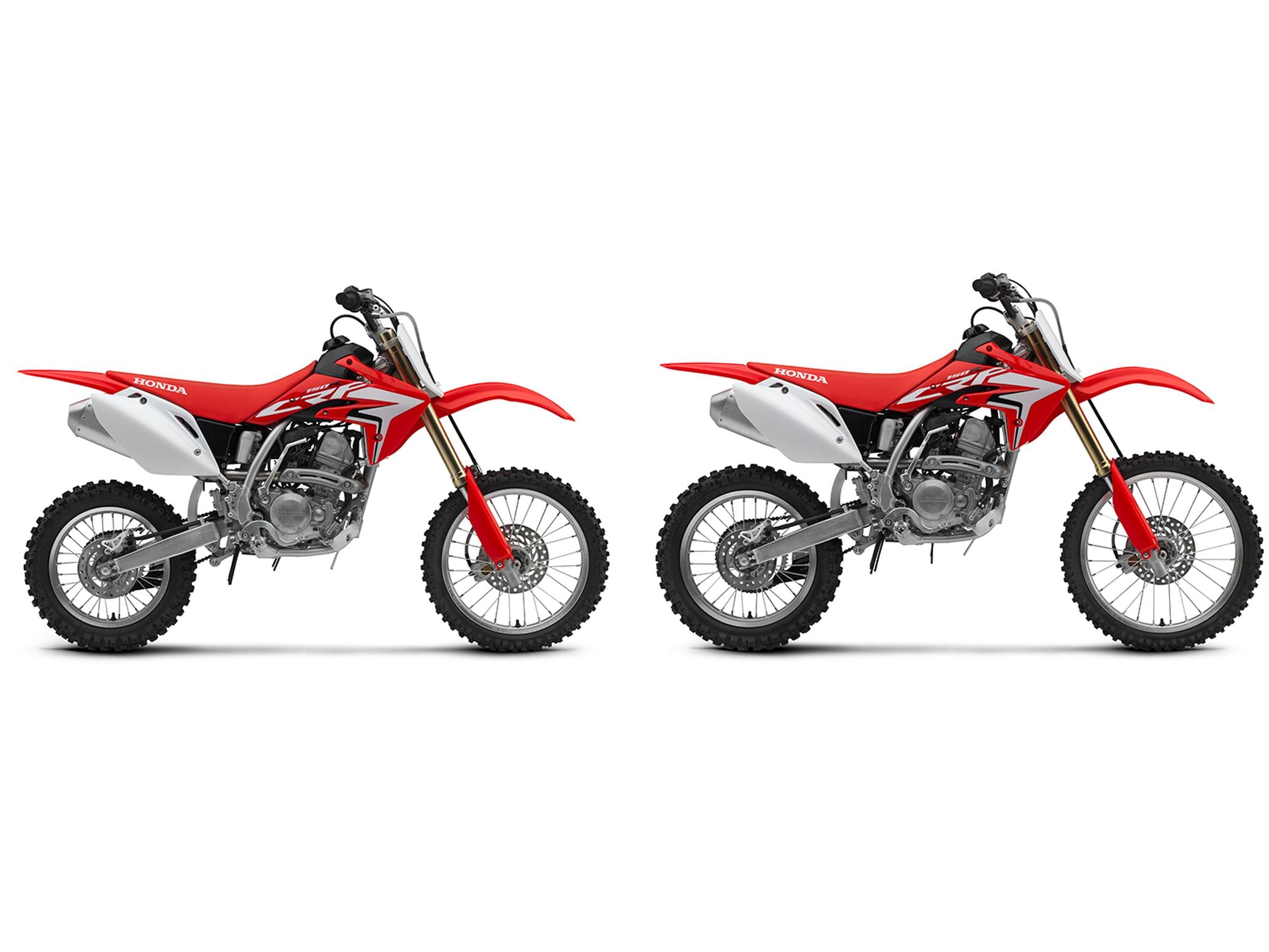 Unchanged from the previous year, the 2021 Honda CRF150R (left) and CRF150R Big Wheel (right) retail for $5,199 and $5,399, respectively.