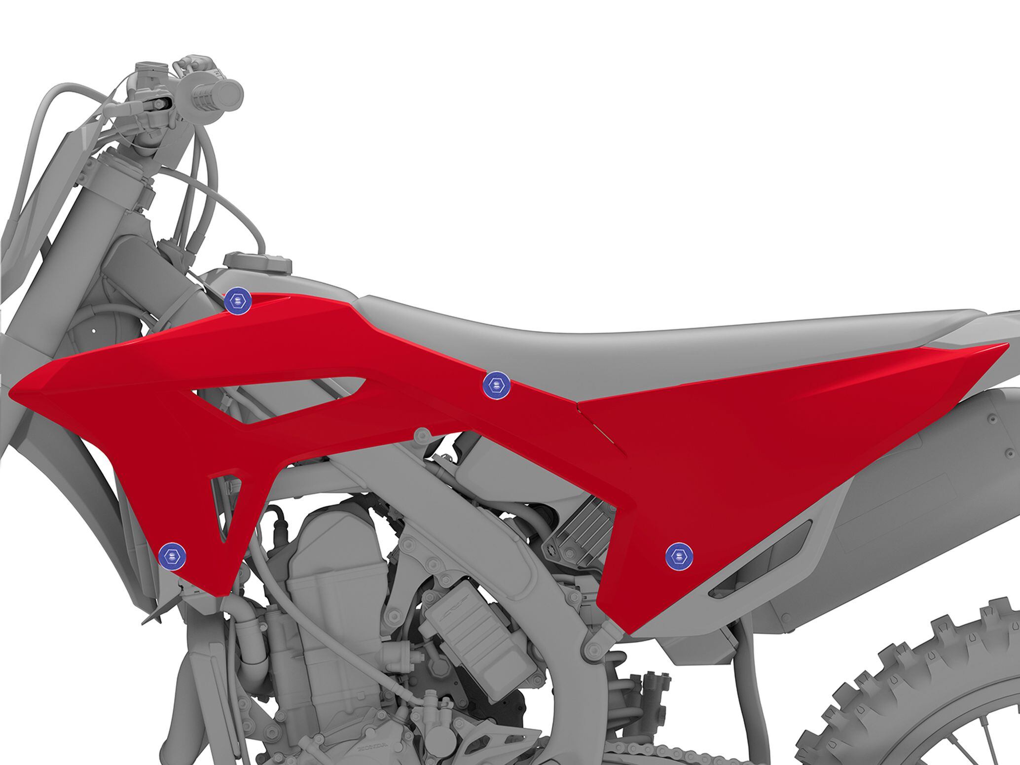 Whereas the prior generation CRF450R used 12 bolts to fasten its main bodywork components, the 2021 model uses eight bolts, all of which have 8mm heads to simplify maintenance.