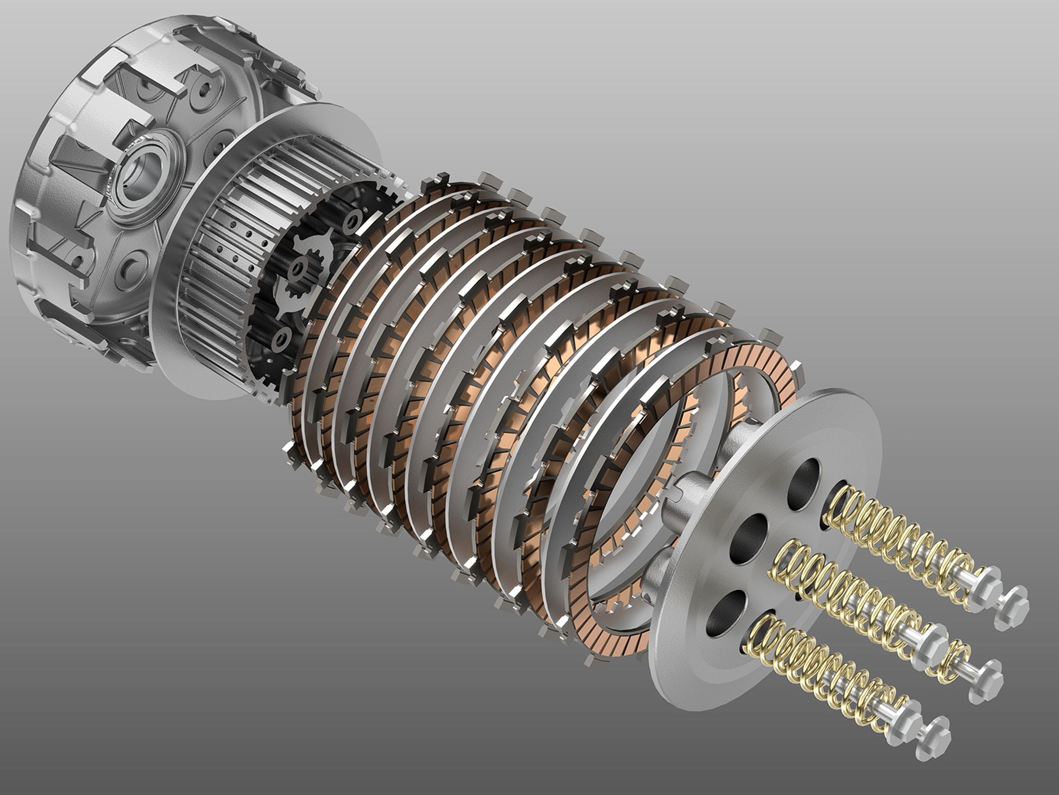 In addition to being hydraulically actuated, the clutch is 27 percent larger in capacity, and features an additional friction plate (for a total of eight), an extra steel plate (for a total of seven), and stiffer springs.