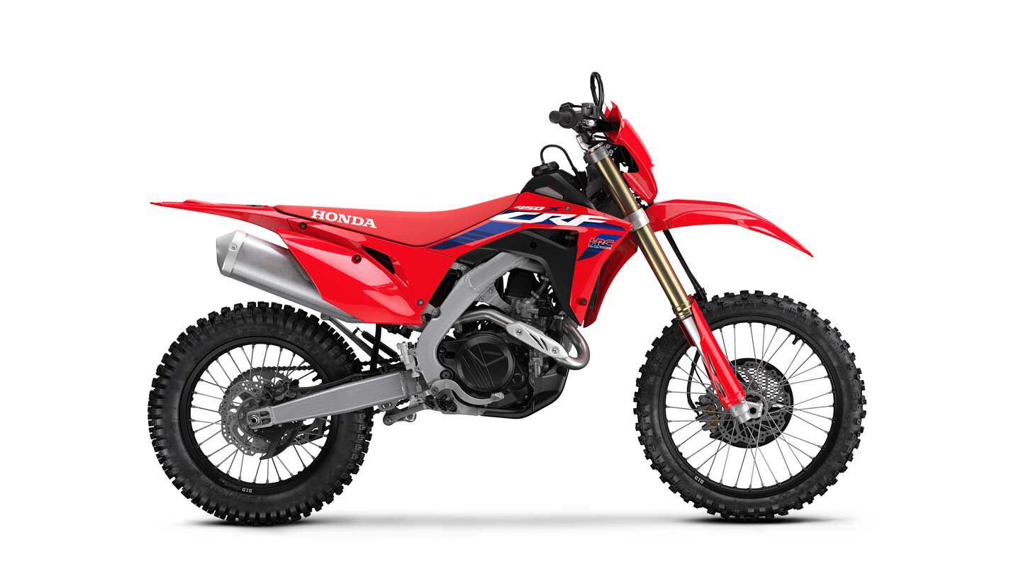 The CRF450X boasts 50-state year-round off-road-legal status as well as trail-appropriate features such as a six-speed transmission, headlight, 18-inch rear wheel, sealed chain, and kickstand.