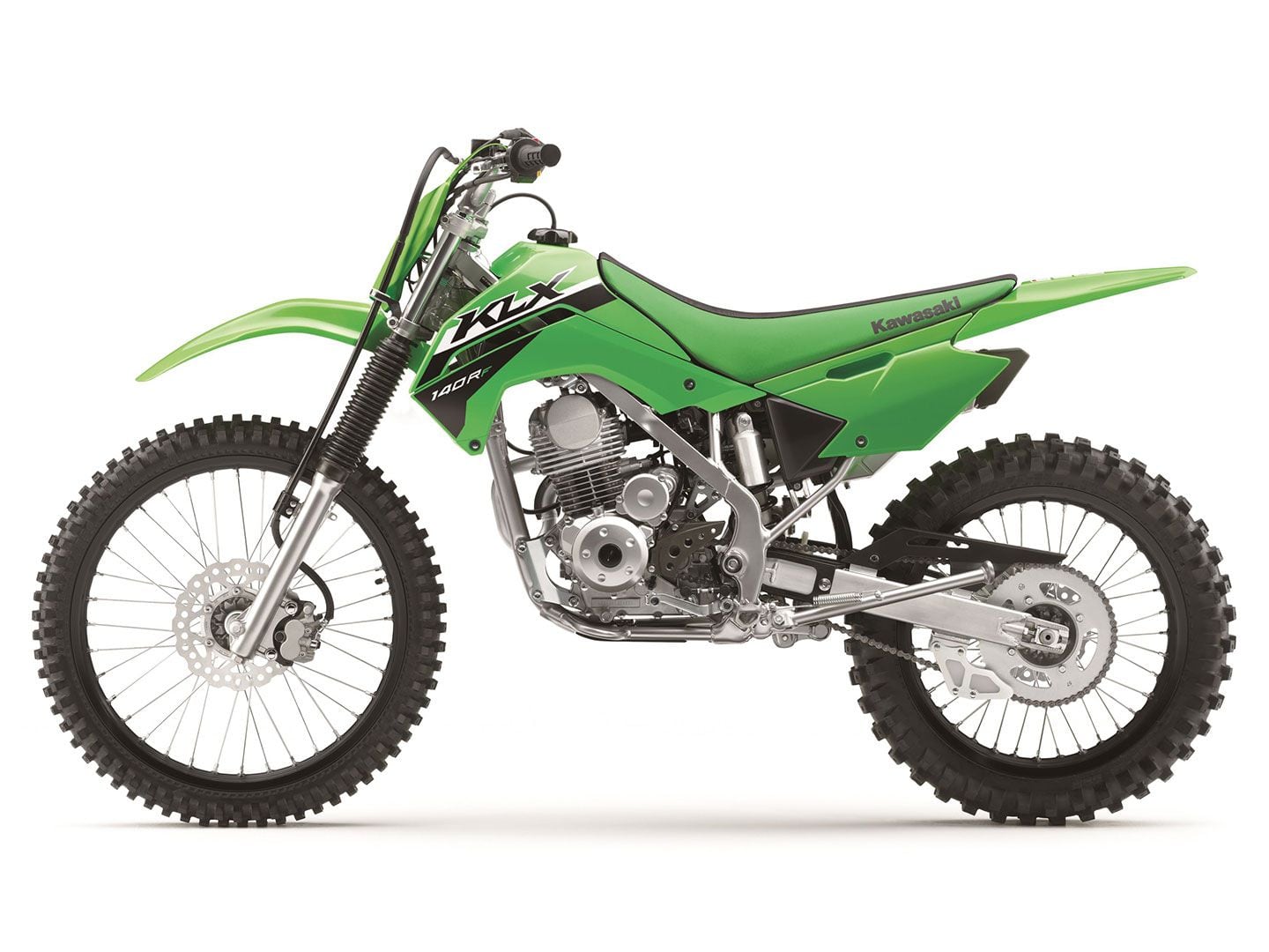 Full-size 21- and 18-inch wheels contribute to the KLX140R F’s stretched dimensions.