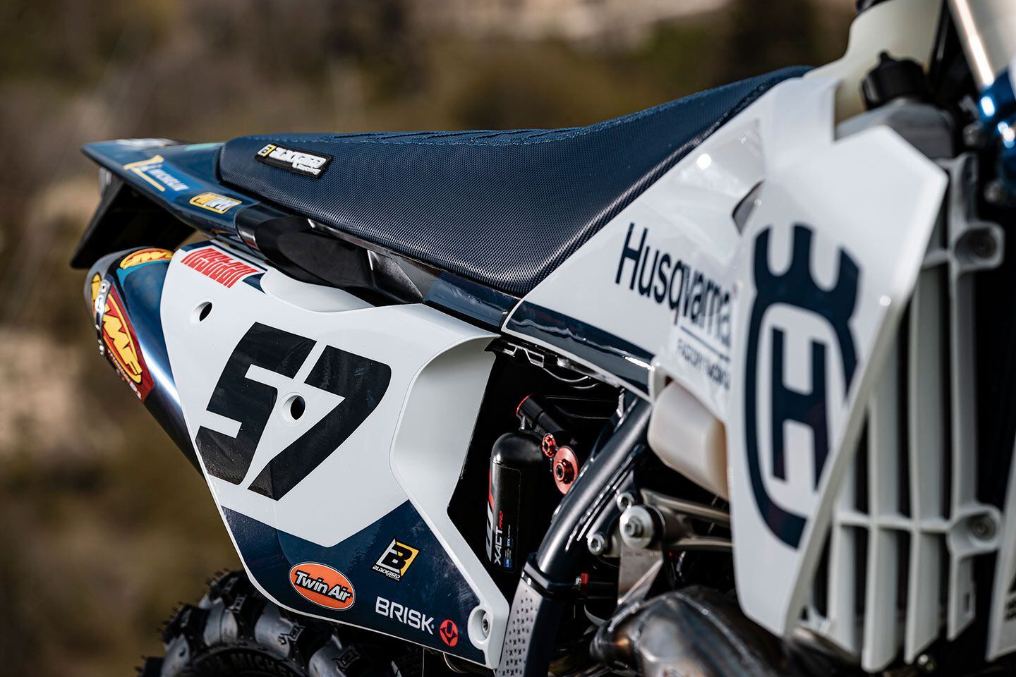 Subframe appears to be a hybrid aluminum/polyamide component that was first seen on the 2022 Husqvarna FC 450 Rockstar Edition. Note the airbox doesn’t have openings on each side like the KTM’s.